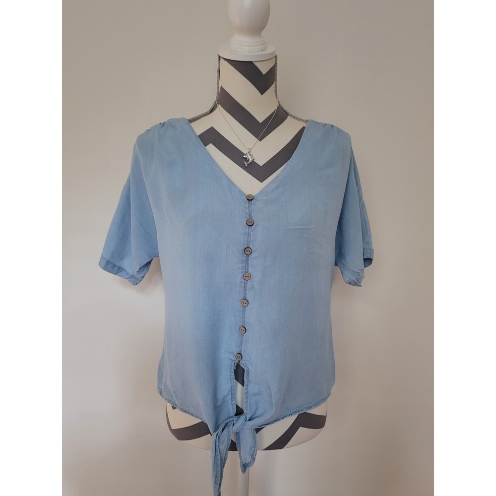 Harper Chambray Button Up Front Tie Blouse Women's S Blue Short Sleeve